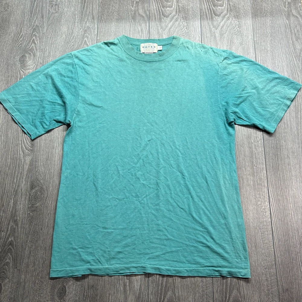Vintage Denver Hayes Large Blank T-Shirt 90s Teal Green Cotton Made in Canada